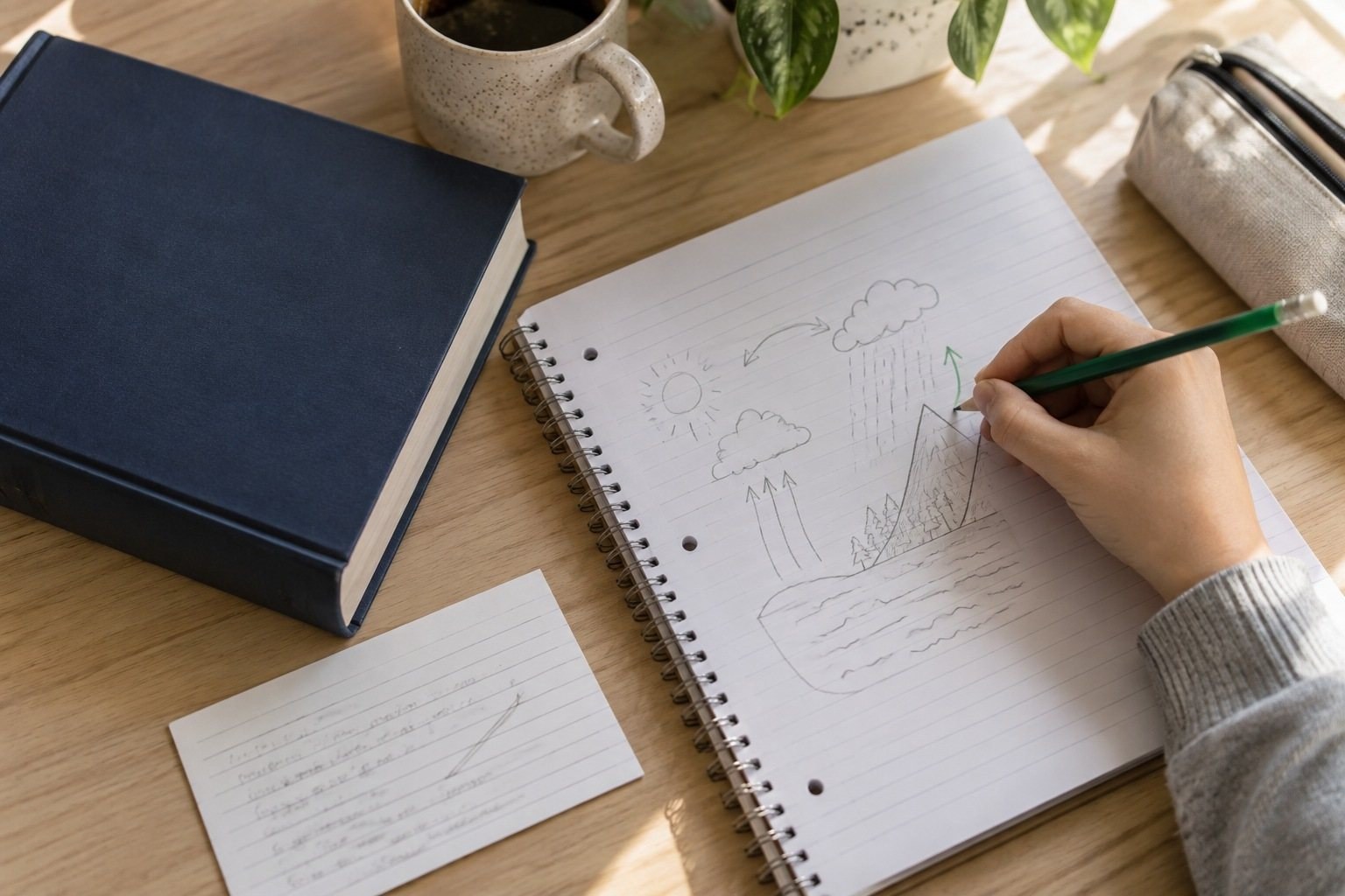 Método de estudio de Robinson: cinco pasos para leer y comprobar lo aprendido — Imagen 2 Cuaderno con un esquema del ciclo del agua junto a un libro cerrado.