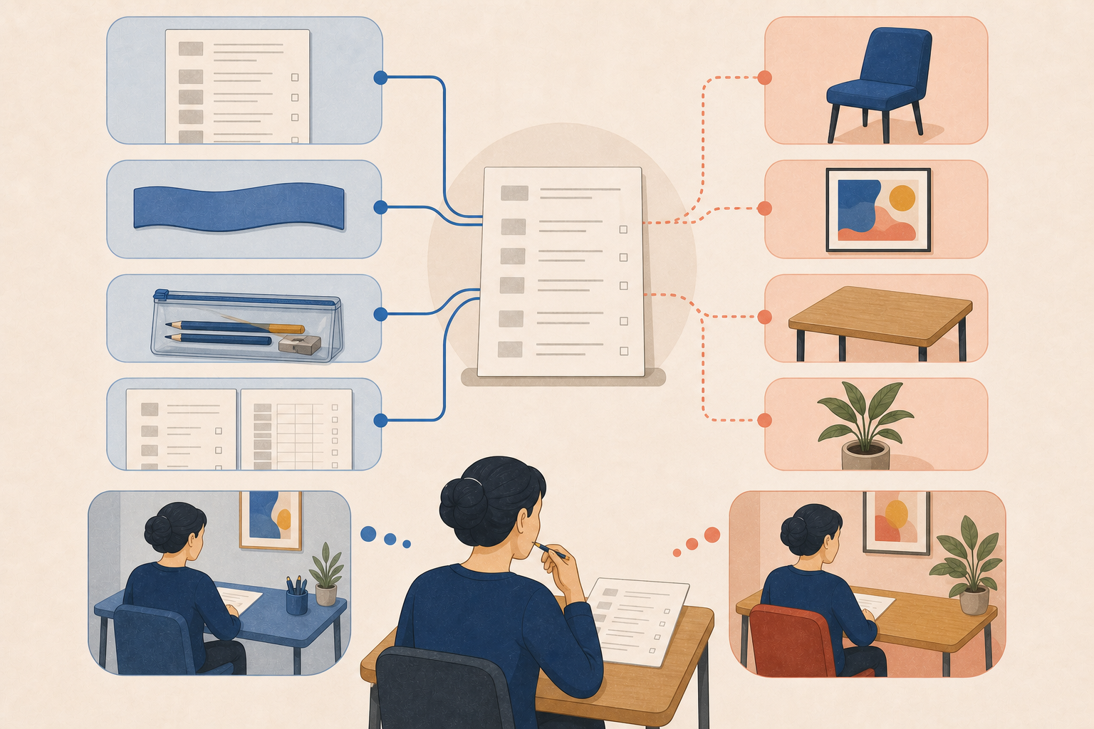 Comparación entre condiciones importantes de un simulacro y detalles de la sala que no cambian la tarea.
